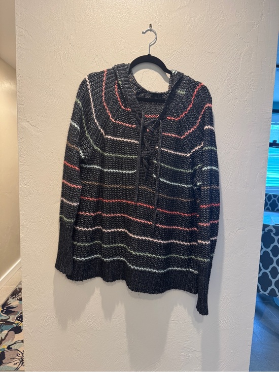 torrid Sweaters - torrid Charcoal V-Neck Hooded Sweater with Pink, Green & White Stripes